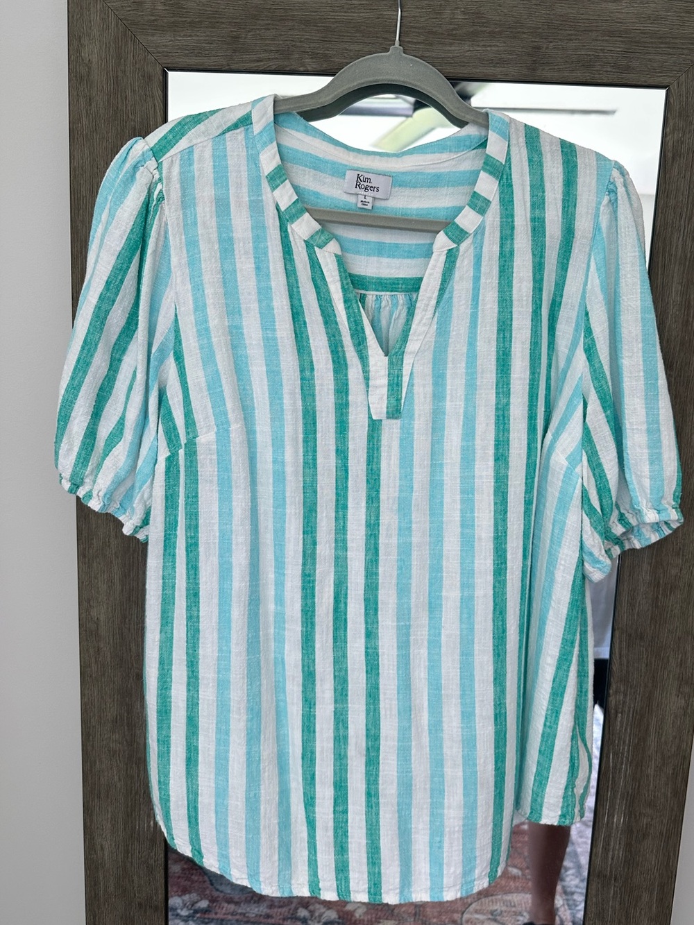 Kim Rogers Teal, Blue and White Vertical Stripe Casual Button-Down